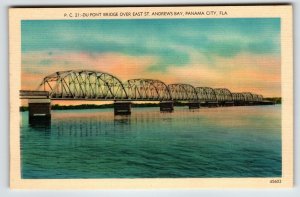 Florida Panama City Du-Pont Bridge Over East Andrews Bay Postcard Linen Unposted