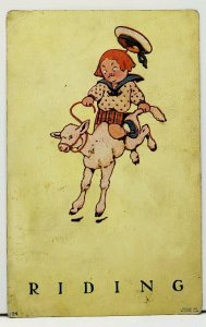 Ornery Boy Riding a Bucking Lamb! Salem Wis to Chicago Vintage Postcard H10