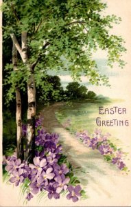 Easter Greetings With Country Road and Purple Flowers 1910