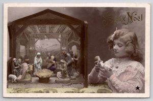 Christmas Noel RPPC Girl Admires Nativity Set Stebbing Photo Postcard L35