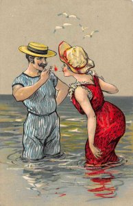 Romance Greetings Woman and Man Lighting Cigarette Beach Scene Postcard AA224