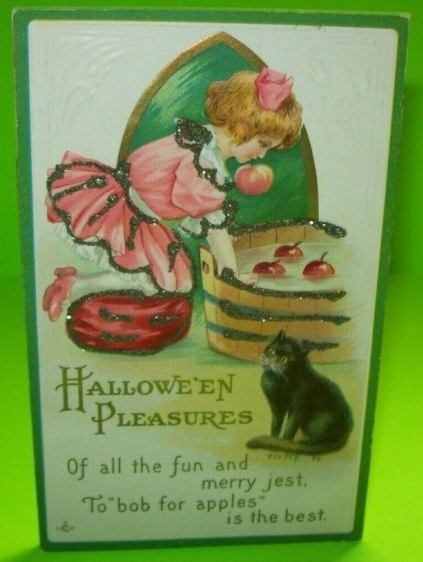 Vintage Halloween Postcard Original Stecher Antique Series 226 B Glitter Cat Art