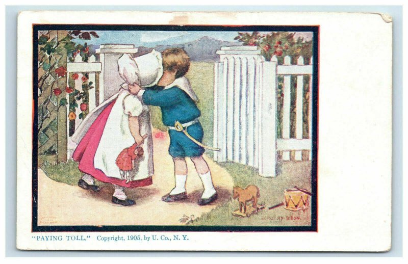 Children Kissing Paying Toll Postcard Girl Holding Doll Boy Military Outfit 