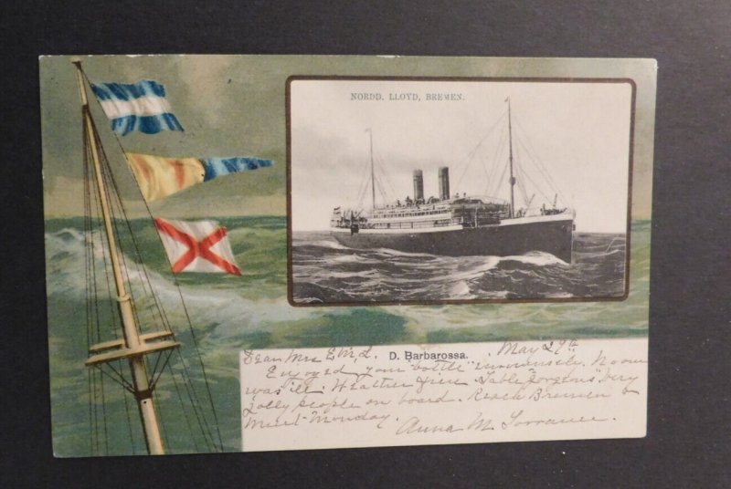 1898 Ship Postcard Cover From Bremen NY to Minneapolis MN D. Barbarossa Breme SS