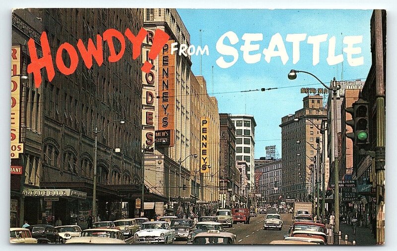 1950s SEATTLE WASHINGTON HOWDY! FROM SEATTLE STREET VIEW POSTCARD P3728