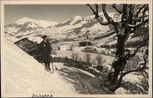 Jochberg Austria Young Man on Snowshoes Snowshoeing Vintage RPPC PC Postcard