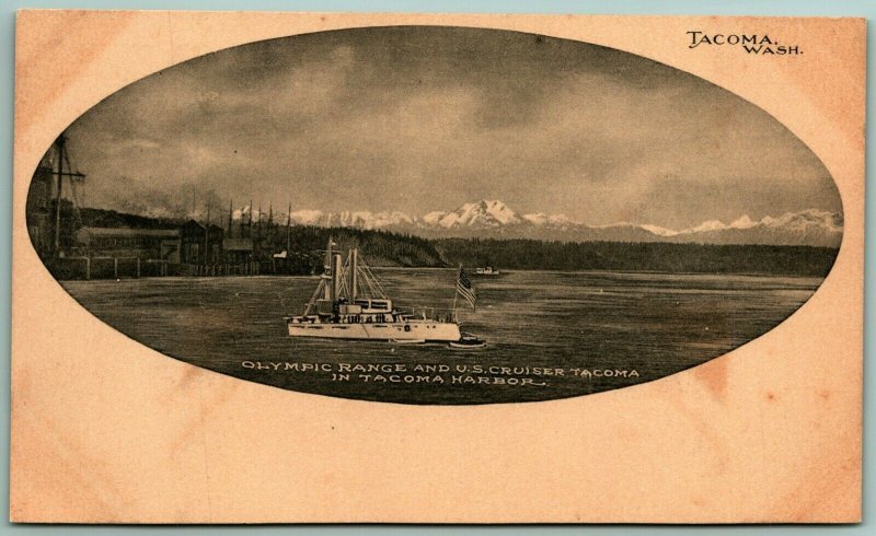 Olympic Range and US Navy Cruiser Tacoma Washington WA UNP UDB Postcard E13