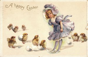  Girl dressed in purple w/ chicks International Co Easter postcard AE3