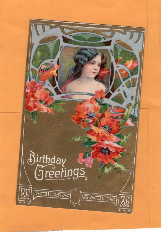 Birthday Greetings Embossed Antique Postcard Pretty Lady/Girl With Flowers
