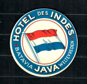 Hotel Des Indes Batavia JAVA Welt. Original Luggage Label size 4 1/4 x 4 1/4