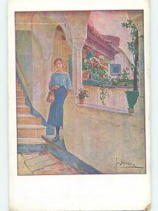 Pre-Linen foreign signed WOMAN WITH HANDBAG PURSE AT THE STEPS HL8452