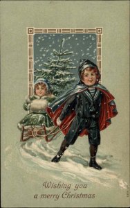 Christmas Boy Pulls Little Girl on Sled in Snow c1910 Vintage Postcard