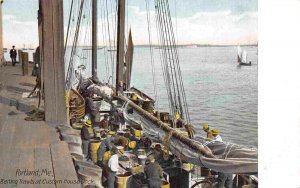 Baiting Trawls Fishing Boat Portland Maine 1905c postcard