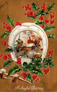 Merry Christmas With Holly and Winter Scene 1908