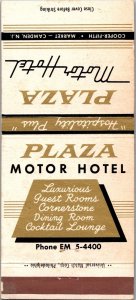 Matchbook Cover - Plaza Motor Hotel Camden NJ 30 Strike MB5