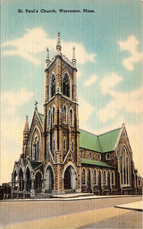 St Pauls Church Worcester Massachusetts MA Linen Postcard VTG UNP Tichnor Unused 