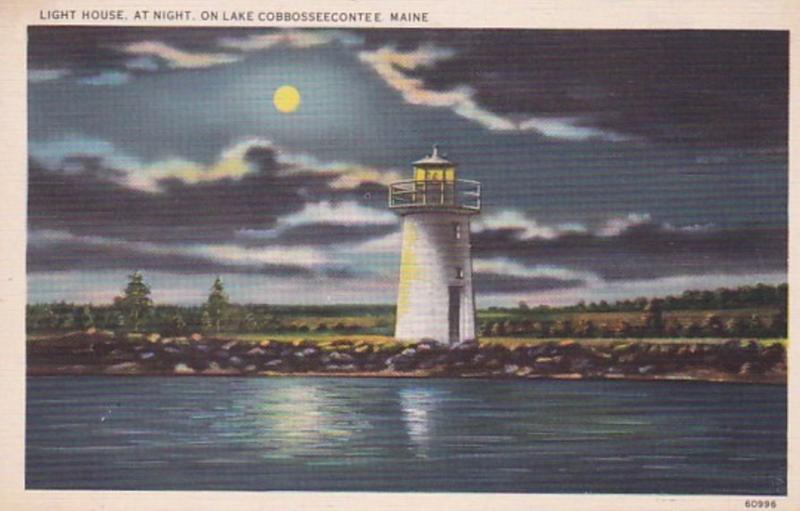 Maine Lake Cobbosseecontee Lighthouse At Night