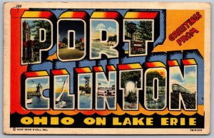 Vtg Large Letter Greetings Port Clinton Lake Erie Ohio OH 1950s Linen Postcard