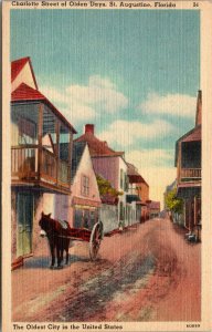 Vtg 1940s Charlotte Street of Olden Days St Augustine Florida FL Linen Postcard