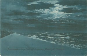 Lake Michigan Promenade  in Moonlight, Chicago, Illinois IL UDB Postcard