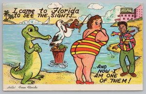 Comics~Woman In Swimsuit & Croc Came to Florida See the Sights~Vintage Postcard 