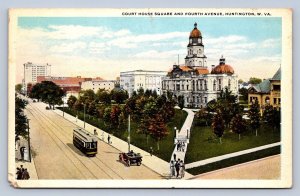 J93/ Huntington West Virginia Postcard c1930 Court House Square Trolley 225