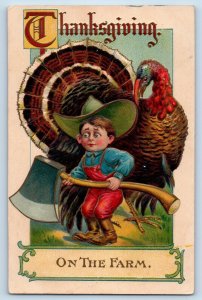 Des Moines IA Postcard Greetings Thanksgiving Turkey Little Boy Hatchet 1909