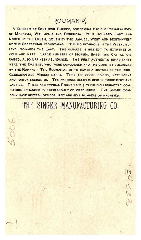 1892 Singer Manufacturing Trade Card - Roumania