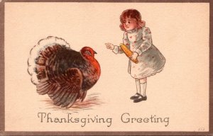 Thanksgiving Greetings With Turkey and Young Girl