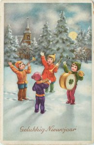 Vintage Postcard Dutch New Years Gelukkig Nieunjaar Children in Snow in Band