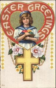 Easter - Little Girl w/ Basket of Colored Eggs & Cross c1910 Postcard