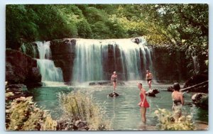 TALOFOFO FALLS, GUAM ~ Waterfall SWIMMERS Swimming Hole c1960s Postcard