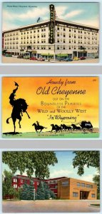 3 Postcards CHEYENNE, WY ~ Plains Hotel, Howdy from Old Cheyenne, Hospital 1940s