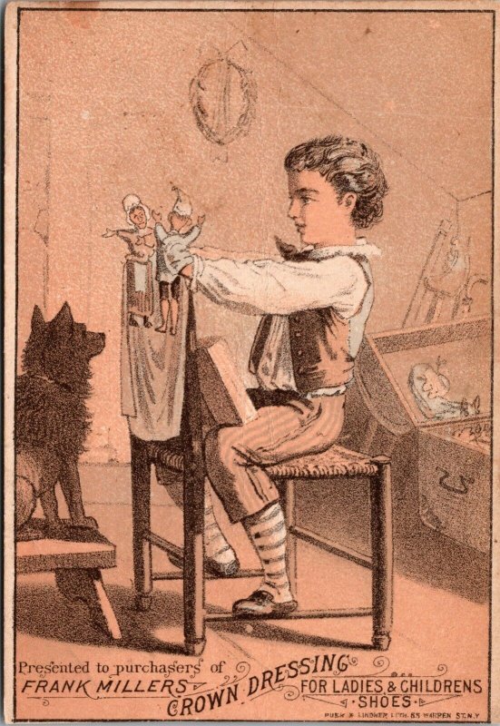 SHOES Victorian Trade Card BOY DOLLS TOY 1880s Frank Millers Crown Dressing 