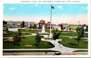 Postcard ON North Bay Memorial Park & WWI Cenotaph Monument Band Stand 1920s K77