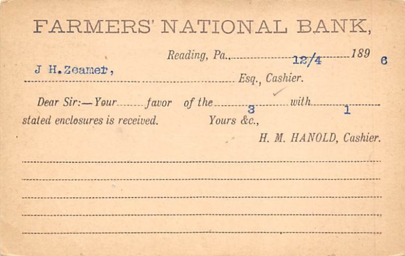 Farmers national Bank Reading, PA, USA Postal Cards, Late 1800's Writing on B...
