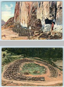 2 Postcards FRIJOLES CANYON, NM ~ North Wall Ruins, TYUONYI RUINS c1940s Linens