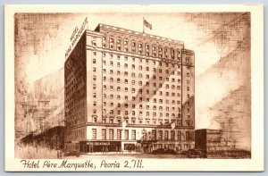 Artist Conception~Peoria Illinois~Hotel Pere Marquette Bldg Street View~Postcard