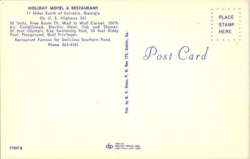 Holiday Motel and Restaurant on Hwy 301 Sylvania GA c1964 Vintage Postcard J65