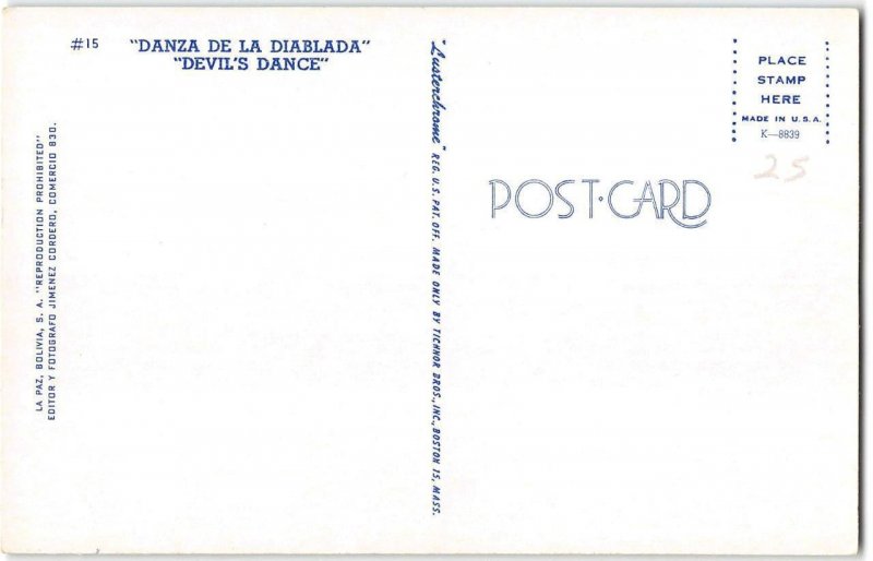 Danza de La Diablada Bolivia Devil's Dance Masks Dance c1950s Vintage Postcard