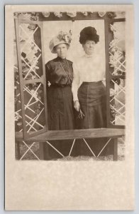 RPPC Two Edwardian Women Big Hats Faux Garden Window Studio Prop Postcard B30