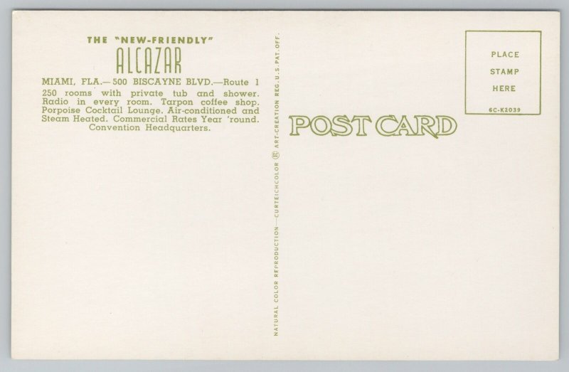 Miami Florida~The New Friendly Alcazar~Vintage Postcard