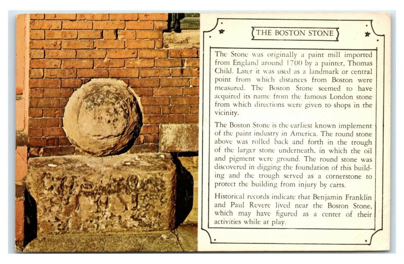 Postcard The Boston Stone, Boston Mass historic facts chrome MA1