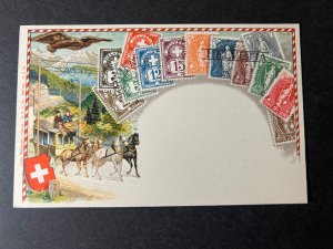 Mint Philatelic Switzerland Helvetia Stamp on Stamp Postcard Horses Bird Shield