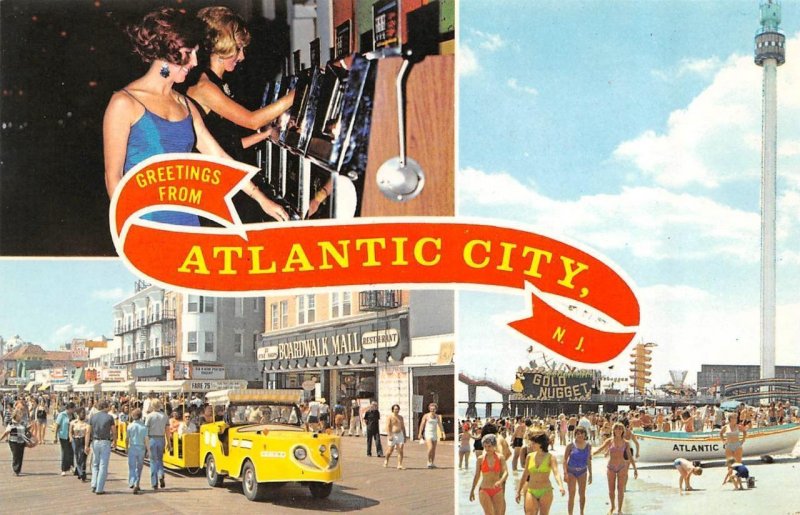 New Jersey NJ    ATLANTIC CITY Greetings   Girls~Casino~Beach~Tram   Postcard 