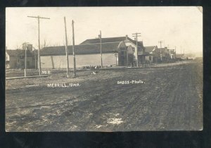 RPPC MERRILL IOWA DOWNTOWN DIRT STREET SCENE VINTAGE REAL PHOTO POSTCARD