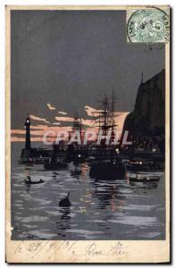 Old Postcard Against the light sailing boat