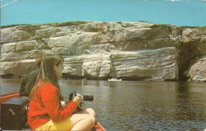 CANADA, Perce, Gaspe, QC, Beautiful Girl in Canoe w Large Camera, 1954, Quebec