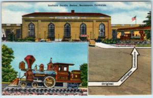 SACRAMENTO, CA  Southern Pacific RAILROAD STATION Huntington Locomotive Postcard