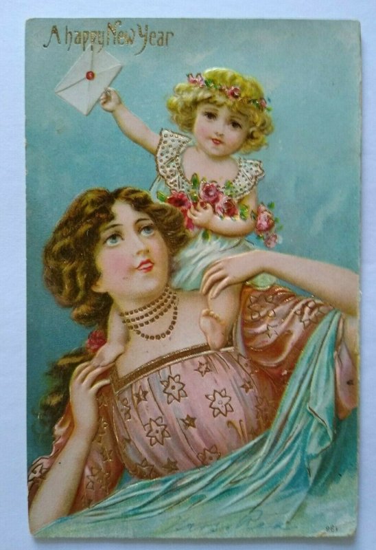 Vintage Happy New Year Postcard Otto Schloss No 961 Original Embossed Unused